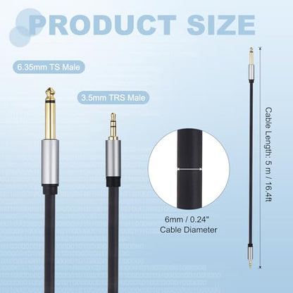 MECCANIXITY 1/4" TS to 1/8" TRS Audio Cable 16FT 6mm Stereo Cable Black - size: 16FT, 6mm Dia