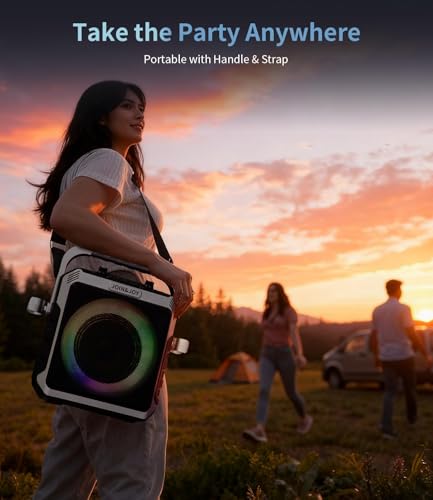 Portable Karaoke Machine, with 2 Wireless Mics, LED Lights, Loud Subwoofer, Outdoor Karaoke Speaker for Adults