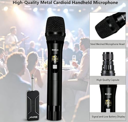Bietrun Wireless Microphone, Dynamic Microphone with Rechargeable Receiver - color: Black