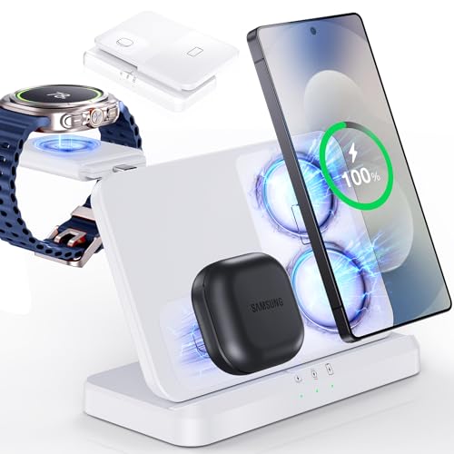 3 in 1 Wireless Charger Station for Galaxy S26 Ultra S25 S24, Foldable | Fast Charging for Z Fold Flip 7/6, Detachable Watch Charger for Galaxy Ultra 8/7/6, Compact & Portable, No Adapter, White - color: Samsung White