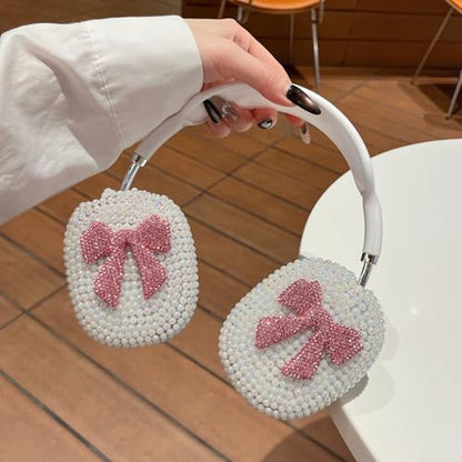 Pearl Bow Case for AirPods Max 2 Cover - Luxurious Rhinestones Glitter Crystal Headphones Case for AirPods Max Ear Cups Cover Protective 3 in 1 Accessories Set with Ear Pad/Headband for Girl - Pink