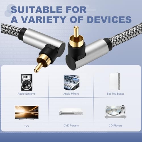 MECCANIXITY Dual 90 Degree Subwoofer Cable, 10ft Right Angle RCA Cable 24K Gold-Plated Digital Coaxial Hi-Fi Cord for Home Subwoofer Audio Power Amplifier, Gray - size: 10ft