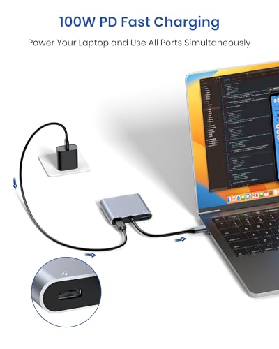 USB C to Dual HDMI Adapter, 4K@60Hz HDMI Splitter for Dual Monitors Extended Display, 100W PD Charging, USB-A Port, Windows Supports Multi-Monitor with 3 Screens, macOS Limited to Mirror Mode