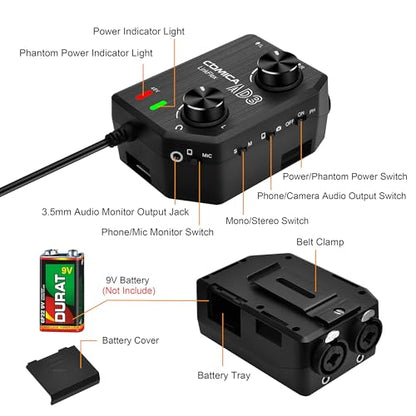 Comica LINKFLEX.AD3 2-Channel XLR/3.5mm/6.35mm Microphone Audio Mixer Preamp with Phantom Power, Real-time Monitoring, Guitar Audio Interface Microphone for DSLR Cameras Camcorders Smartphones Tablets | XLR/3.5mm/6.35mm mic preamp mixer, 48V phantom & ste