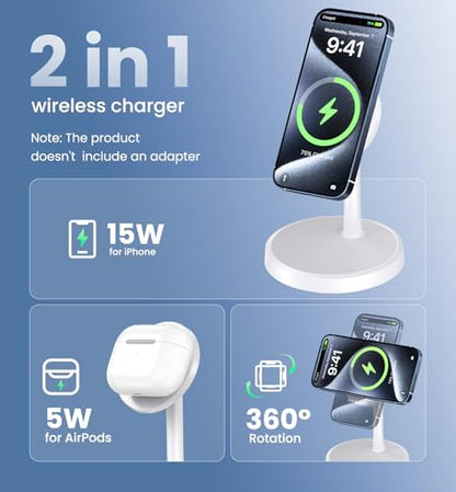 Magnetic Wireless Charger iPhone, 2 Pack 15W Fast Mag-Safe Charger Stand for iPhone 17/17 Air/17 Pro/17 Pro Max 16/15/14/13/12 Series, Wireless Charging Station for Pad/AirPods(White) - color: White