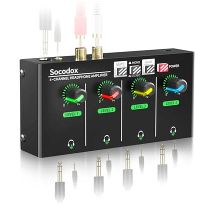 4 Channel Headphone Amplifier, 8 Outputs Stereo Audio Amplifier | Metal Headphone Amp with 1/4", 1/8" & RCA Inputs, RGB Volume Control, Stereo/Mono Switch for Studio, Podcast, Streaming - size: S