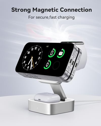3 in 1 Wireless Charging Station for Apple Devices, Magnetic Foldable Travel Fast Charger Stand Compatible with MagSafe for iPhone Air/17/16/15/14/13/12 Series, Apple Watch & AirPods Pro/4/3/2-White - color: White