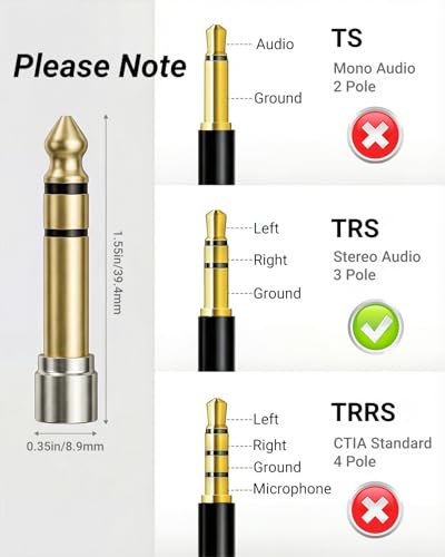 6.35mm(1/4 Inch) Male to 3.5mm(1/8 Inch) Female Headphone Adapter | 24K Gold-Plated Audio Jack Converter for Electric Piano and Drums, Amp, Guitar, Mixing Console, Aux Cable - 2 Pack - color: Short Shank