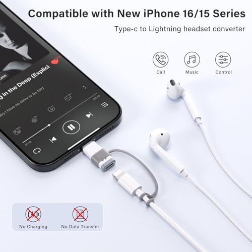USB C to Lightning Audio Adapter, USB C Male to Female Lightning Headphone Audio Adapter Compatible with iPhone 16/16Pro/15/15Pro, iPad Pro, iPad Air 6/5, MacBook, Galaxy S24(Audio Only, No Charge) - color: White