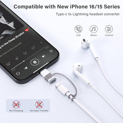USB C to Lightning Audio Adapter, USB C Male to Female Lightning Headphone Audio Adapter Compatible with iPhone 16/16Pro/15 Pro, iPad Pro, iPad Air 6, MacBook, Galaxy S24 (No Charge)-2Pcs - color: White-2Pack