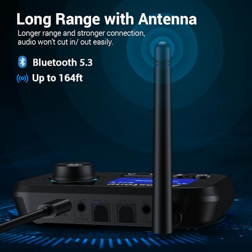 Bluetooth Transmitter Receiver 3-in-1 Bluetooth 5.3 Audio Adapter for 2 Headphones with Bypass Volume Control ON/Off Switch LCD Display 3.5mm Aux/Optical/RCA for Home Stereo TV Speaker PC - color: Single Antenna-BLACK