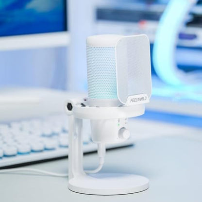 FEELWORLD VM1 USB Condenser Gaming Microphone for Streaming Noise Cancellation Mute RGB Light One-Key Mute Desktop Stand (White)