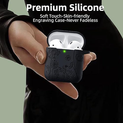 Lerobo for AirPod Case 2nd/1st Generation with Keychain | Flower Engraved Soft Silicone Cover for AirPods 2 Case, Wireless Charging, Scratchproof, One-piece Design, Black - color: Black