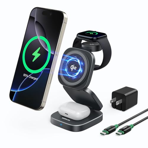 Wireless Charging Station for Multiple Devices, 3 in 1 Travel Charger Dock, Foldable Magnetic Stand Compatible with MagSafe Qi2, iPhone 17 16 15 14 13 12 Air, Apple Watch Series & Air pods 4 3 2 Pro
