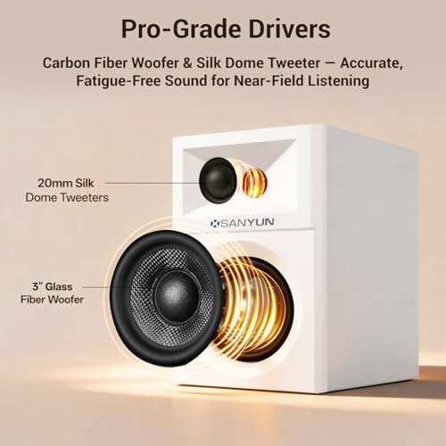 Sanyun SW203 3" 2.0 Computer Speakers, Expanded Stereo Field, Triple-DSP | Built-in 24bit DAC, USB-C/Bluetooth 5.4/AUX, 60W Carbon Fiber Woofer & Silk Dome Tweeter, for Desktop PC Gaming (Pair, White) - color: White