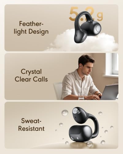 Open Ear Earbuds, Clip-On Wireless Headphones, Lightweight Secure Fit, 14mm Drivers Powerful Sound, 40H Playtime, Sweatproof Bluetooth 6.0 Glasses Friendly for Sports Running Workout Gift(Black)