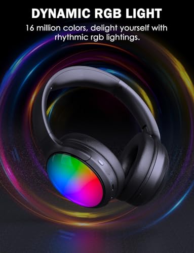 Bluetooth Headphone with Cool RGB Light, Foldable Lightweight Wireless Over Ear Headphone, 90° Rotatable Earcups, HiFi Stereo with Deep Bass Audio for Travel, iPad Cellphone Laptop PC