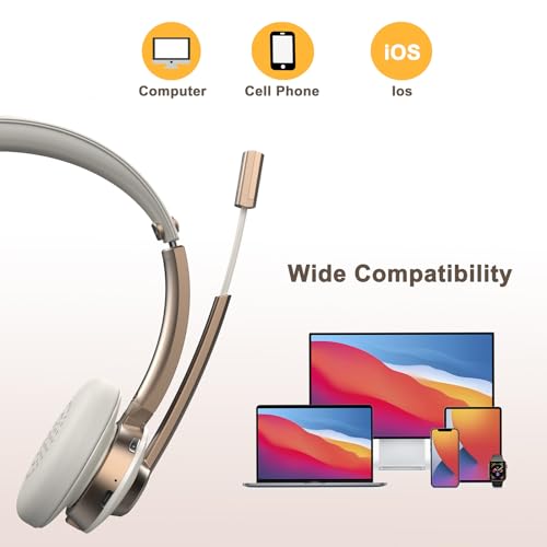 Bluetooth Headset with Microphone, Wireless Headphones with Noise Cancelling Mic, 26hrs talktime, On Ear Headphones with Mic Mute for Mac/Laptop/Zoom/Teams/Call Center/Office/Home Gold