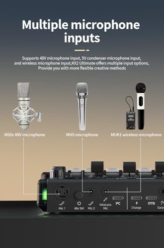 XOX Kx2 portable Streaming Audio Mixer for Pc/phone Professional Streaming live Sound Card with 48V Phantom Power,XLR and 3.5/6.5mm microphone audio interface for Podcast/Recording/singing.