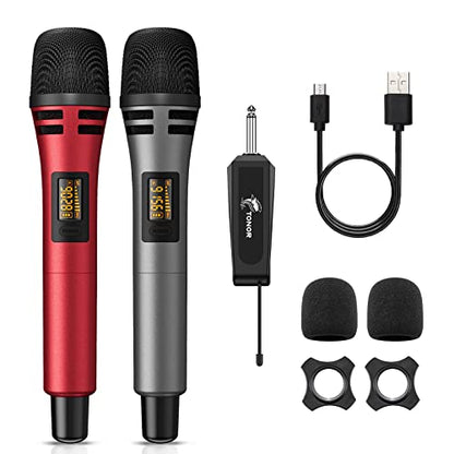 TONOR Wireless Microphones, Dual UHF Karaoke Microphone System, Microfonos Inalambricos with Rechargeable Receiver, Cordless Dynamic Mics Set for Singing, Wedding, Party, 200ft TW320, 2 Mics Grey&Red - style: Dual Mic Grey Red
