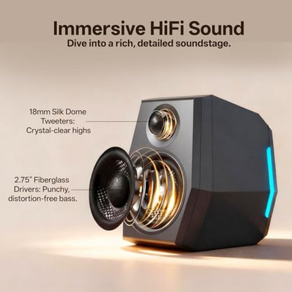 Sanyun SW209 36W 2.0 Gaming Speakers, Tactical Audio Map with 3 DSP Modes | Game/Movie/Music, 24bit DAC, USB-C/Bluetooth 5.2/AUX, 2.75" Glass Fiber Drivers & 18mm Silk Dome, RGB Lighting (Pair, Black) - color: SW209 Black