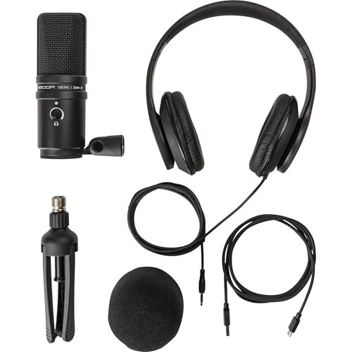 Zoom PodTrak P2 Two-Host Podcast Bundle with 2X Zoom Zum-2 USB Supercardioid Condenser Mics, ZHP-2 Headphones, and TPS-4 Tripods — Dual-Mic Recorder for Two-Host Podcasting, Interviews, Co-Hosting