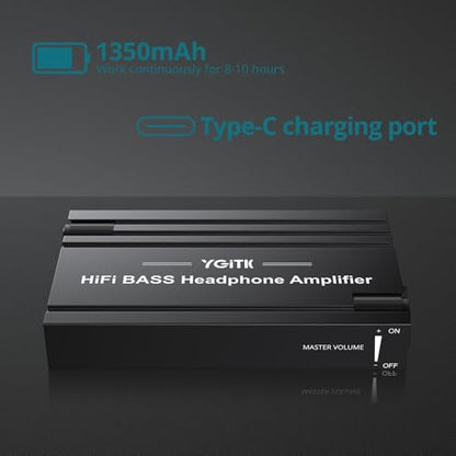Headphone Amplifier with Bass Knob HiFi Amp 16-600Ω Gain Switch | Drive wired headphones for desktop, gaming and music use with 3.5mm devices, USB-C charging and aluminum housing - style: HiFi BASS Style