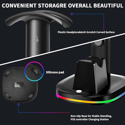 PS5 Controller Charging Dock with RGB Headphone Stand | 2-in-1, Dual USB Fast Charging Station, RGB LED Gaming Headset Stand, Multi-Functional Gaming Accessories