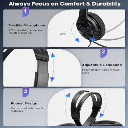 MKJ USB-A Wired Headset with Mic for PC, Computer Headphones for Office | Noise Canceling Microphone, Call Center Laptop Headset , Volume Control, Compatible with Ms Teams Zoom Webex, Online Meeting