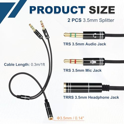 MECCANIXITY 3.5mm Splitter Female to 2 Dual 3.5mm Male Y Jack Splitter for Headphone Mic Audio PC Laptop Gaming Headsets, 1ft, Black - color: Black, size: 1ft