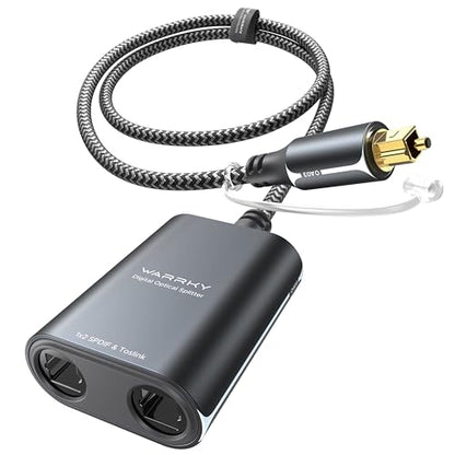 Warrky Optical Splitter, 1 in 2 Out Optical Splitter 2ft [Aluminum Shell, Gold Plated] Toslink Splitter for LPCM 2.0, Dolby, DTS 5.1, Compatible with Soundbar, Headphones, TVs
