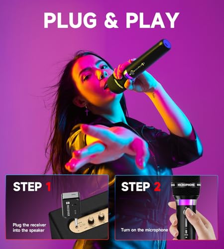 Wireless Microphone, Rechargeable Wireless Microphones with One-to-One Chip Connection and LED Lights, 40H Duration, 200FT Range Receiving, Less Latency Karaoke Microphone for Singing, Speech, Party - color: Black