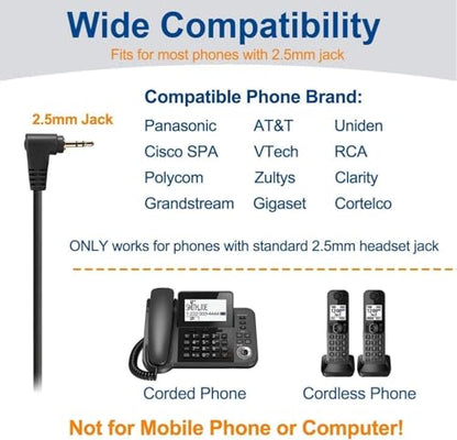 Wantek Phone Headset with Microphone Noise Cancelling, Telephone Headsets 2.5mm Jack Work for Panasonic AT&T ML17929 Vtech RCA Cisco Uniden Polycom Grandstream Home Office Cordless Phones(F602J25P)