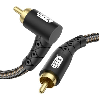 EMK 90 Degree RCA Subwoofer Cable 24K Gold-Plated Connector Nylon Braided Double Shielded – Support Digital & Analog Signals for Amplifier, Home Theater, Hi-Fi System,Subwoofer Black/6.6ft/2m - size: 6.6ft/2m, style: Black*90°RCA to RCA