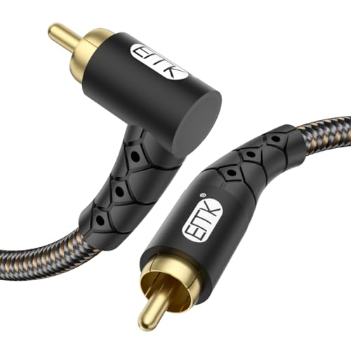 EMK 90 Degree RCA Subwoofer Cable 24K Gold-Plated Connector Nylon Braided Double Shielded – Support Digital & Analog Signals for Amplifier, Home Theater, Hi-Fi System,Subwoofer Black/10ft/3m - size: 10ft/3m, style: Black*90°RCA to RCA