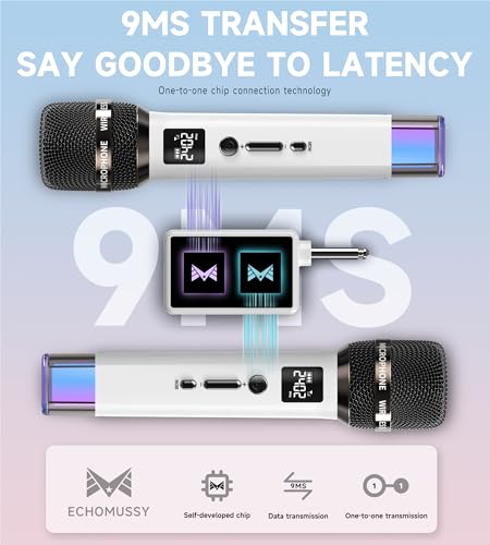 무선 마이크, 일대일 칩 연결 및 LED 조명이 있는 마이크, 40H 지속 시간, 60.6m(200피트) 범위 수신, 노래, 연설, 홈 파티, 유튜브/틱톡용 볼륨 컨트롤 노래방 마이크