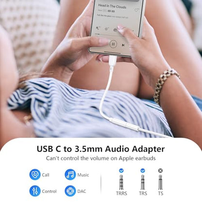 USB C iPhone16 Headphone Jack Adapter,USBC to 3.5MM Headphone Audio Adapter - color: White