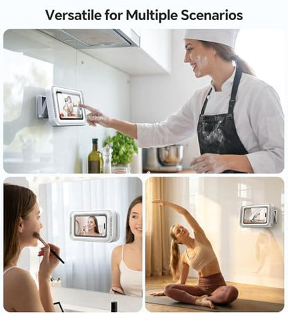 Coolpow Shower Phone Holder Waterproof with Speaker Holes Wall Mount Case | 480° Adjustable, Enhanced Sound Quality Waterproof & Anti-Fog Bathroom Phone Holder Mount Stand, 4"-7" Phones - color: Classic White