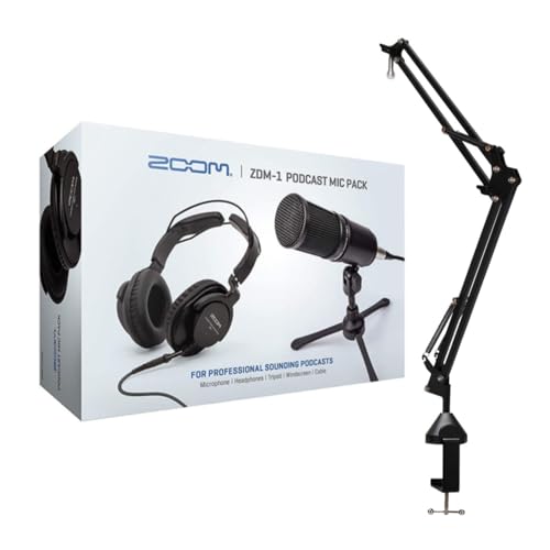 Zoom ZDM-1 Podcast Microphone Pack with Headphones and Mic Cables Bundle | Includes Boom Arm Microphone Stand