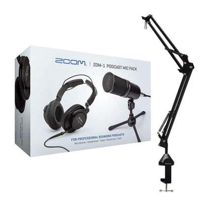 Zoom ZDM-1 Podcast Microphone Pack with Headphones and Mic Cables Bundle | Includes Boom Arm Microphone Stand