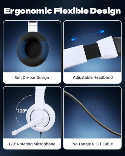 L02 Wired Headset, 3.5mm Stereo Headphones with Noise Canceling Microphone & Volume Controls, On-Ear Computer Headset for School/Office/Online/Gaming (White) - color: White