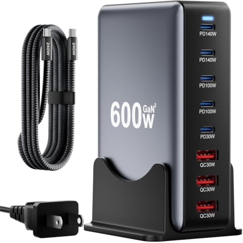 600W Fast Charging 8 Port USB C Charger Block with Nylon Fast Charging Cable, Multi-Device Charging Station Wall Desktop Charger with GaN Ⅲ Technology, USB-C Charger Adapter for MacBook/iPad/iPhone 17 - size: 600W+240W Fast Charging Cable Braided Nylon