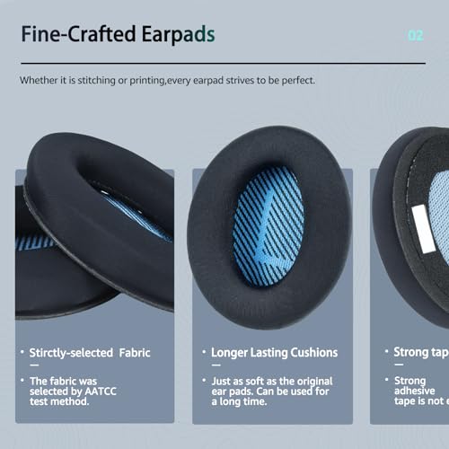 Fabric Comfort Replacement Ear Pads for Bose QuietComfort 35 / QC35 II – Fits QC45 QC25 QC15 QC2 AE2 AE2i AE2w SoundLink & SoundTrue (S3 Style) - color: N8 Black & Blue