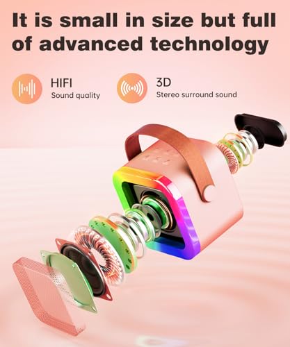 Mini Kids Karaoke Machine Toy Ages 3-12, 2 Wireless Mics Bluetooth Speaker | LED Party Lights, Voice Changer, Duets, BT 5.3, Rechargeable Portable, Christmas Birthday Gifts for Toddler Boys & Girls - color: Pink - 2 Mics