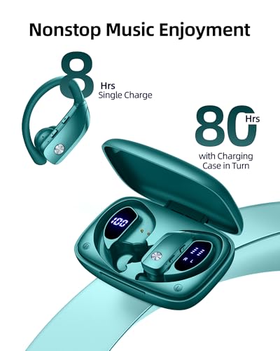 Wireless Earbuds Bluetooth Headphones Over Ear Hooks Ear Buds with 80H Playtime, LED Power Display, Dual Mic Clear Calls, Sports Wireless Ear Buds Bluetooth Earbuds for Running Gym Workout (Green) - color: Green