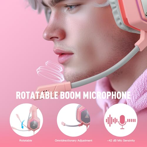 EKSA E1000 V2 Gaming Headset, PC Headset with USB C Plug, Wired Headphones with Noise Canceling Microphone, 7.1 Surround Sound, RGB Light, include USB Adapter for Computer,Mac, PS4/PS5 Console, Laptop - color: Pink