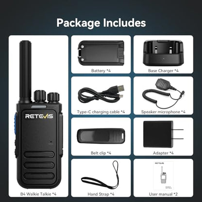Retevis MateTalk B4 Walkie Talkies with Waterproof Shoulder Mic (4 Pack) | FRS Two Way Radios Noise Cancelling for Construction Site Workshop Electrician, Crystal-Clear, Rugged Shell, USB-C Charging