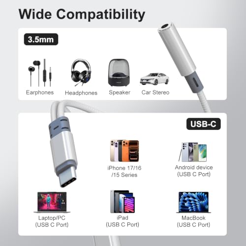 2 in 1 USB C to 3.5mm Audio Adapter with 60W PD Charging for iPhone,Galaxy | Hi-Res 32bit/384kHz DAC Type C to Aux Adapter, USB C to Headphone Jack Dongle Cable for iPhone 17/16,Galaxy S26/S25/S24,Pixel