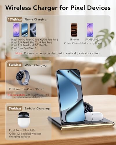 3 in 1 Foldable Wireless Fast Charging Station for Google Pixel Watch 4 | Google Charging Station for pixel 10, Travel Pixel Watch 4 Charger Stand, Light Nightstand Charging Dock (Only for Watch 4) - color: Black
