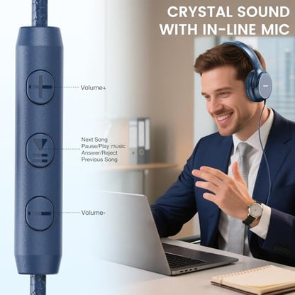 USB C Wired Over-Ear Headphones with Microphone | Volume Control, Share Port, Adjustable Headband Foldable Stereo Headset for Adult/Teens for iPhone 16, Laptop, Gaming, Travel - color: Blue